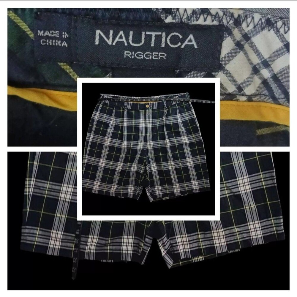 Nautica Rigger Mens Plaid Blue Green Shorts Size 40W Classic Fit Sail